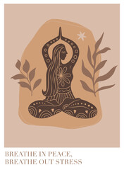 Vector illustration poster for International Yoga Day. Feminine figure in a flat style. Woman doing asana surrounded by organic shapes. Motivated quote
