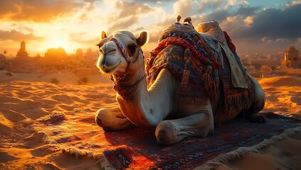 Resting Camel on Rug in Desert Sunset