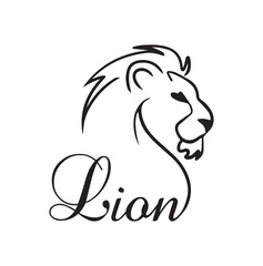 This design features a sleek, minimalist lion illustration integrated seamlessly with elegant cursive typography spelling "Lion." The lion's head is drawn with fine, flowing lines