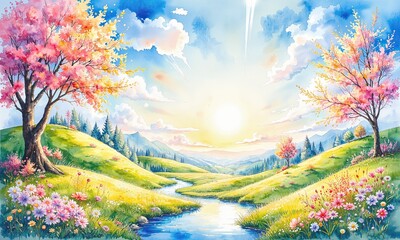 Two tall trees with lush, pink blossoms stand prominently to the left, accompanied by a winding, clear creek flowing through a bright green meadow