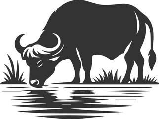Buffalo drinking from a river, head lowered animal vector silhouette