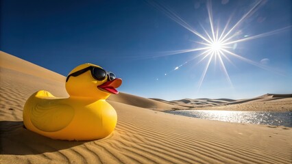 Obraz premium A large yellow toy duck, wearing black sunglasses, appears as if materializing from a shimmering desert mirage.