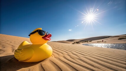 Obraz premium A large yellow toy duck, wearing black sunglasses, appears as if materializing from a shimmering desert mirage.