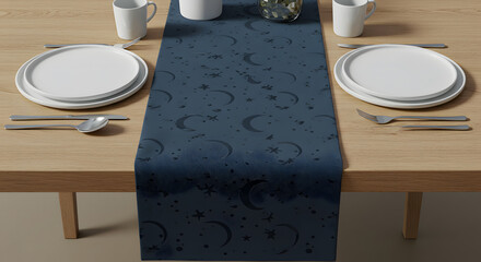 Elegant dark blue table runner with crescent moon and star pattern design on transparent background
