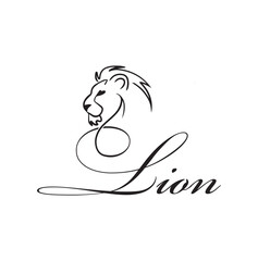 This design features a sleek, minimalist lion illustration integrated seamlessly with elegant cursive typography spelling "Lion." The lion's head is drawn with fine, flowing lines