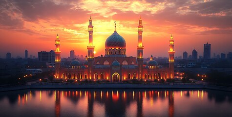 Silhouetted Mosque with Reflections at Sunset