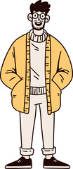 Stylish Cartoon Character in Yellow Jacket with Glasses and Beard