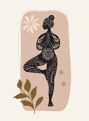 Vector illustration for International Yoga Day. Feminine figure in a flat style. Woman doing asana, surrounded by organic shapes. 