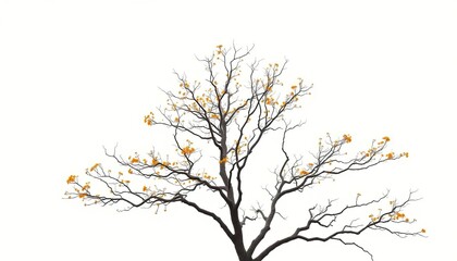 A lone deciduous tree, branches reaching skyward, set against pure white, isolated, summer