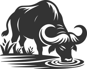 Buffalo drinking from a river, head lowered animal vector silhouette