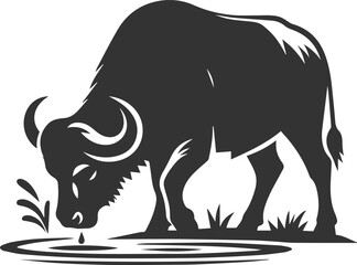 Buffalo drinking from a river, head lowered animal vector silhouette