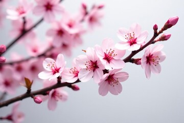 Obraz premium Single branch of cherry blossom tree isolated on white background, pink, cherry blossom, nature
