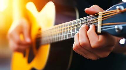 Obraz premium Close-up of a person playing an acoustic guitar during a sunset, showcasing musical passion