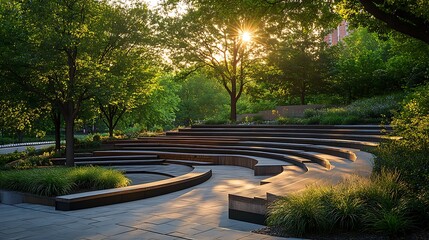outdoor amphitheater park with curved seating golden hour light lush greenery modern architectural design and serene urban nature leisure environment