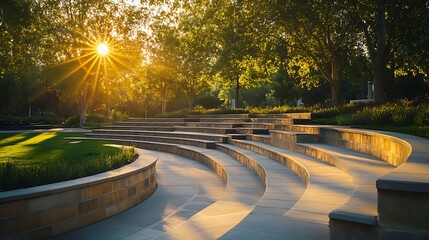 outdoor amphitheater park with curved seating golden hour light lush greenery modern architectural design and serene urban nature leisure environment