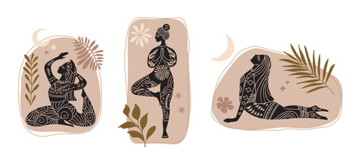 Vector set of illustrations for International Yoga Day. Feminine figure in a flat style. Woman doing asana, surrounded by organic shapes. 