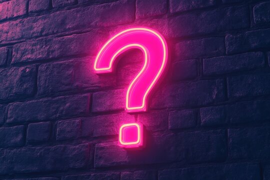 Neon pink question mark on brick wall
