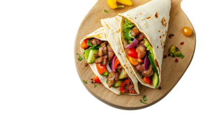 Authentic Turkish döner kebab wrap with fresh vegetables and garlic sauce, professionally styled, high-quality, white background