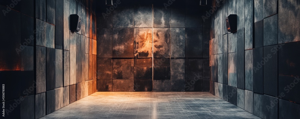 Poster modern concrete interior with textured walls and cube structures in a spacious setting