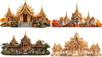 Fototapeta premium Thai Architecture Mosaic: A collection of intricate miniature depictions of ornate Thai temples, showcasing their golden spires, detailed craftsmanship, and cultural significance.