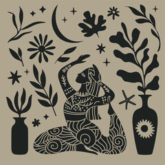 Vector illustration for International Yoga Day. Feminine figure in a flat style. Woman doing asana, surrounded by organic shapes. 