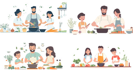 Family Culinary Time: A heartwarming collection of illustrations captures families joyfully cooking together, creating delicious meals, fostering togetherness.