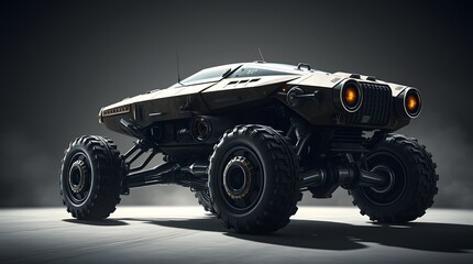 A powerful futuristic all-terrain military vehicle with armored plating, glowing headlights, and an advanced suspension system. Designed for extreme environments, showcasing sci-fi and cyberpunk aesth