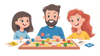 Board Game Family Fun: A loving family, comprised of a father and two daughters, deeply engrossed in a colorful board game. capturing the warmth and joy of family time.