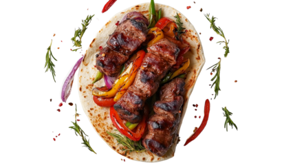 Authentic Turkish döner kebab wrap with fresh vegetables and garlic sauce, professionally styled, high-quality, white background