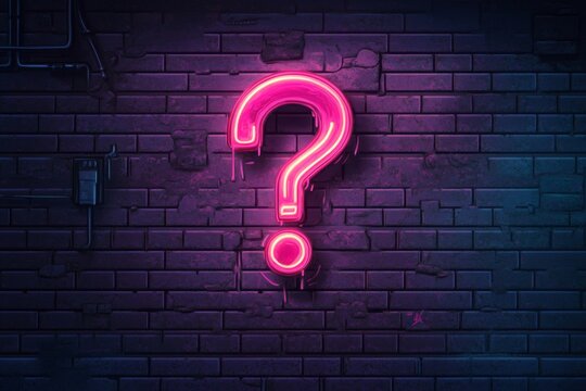 Neon question mark on brick wall at night