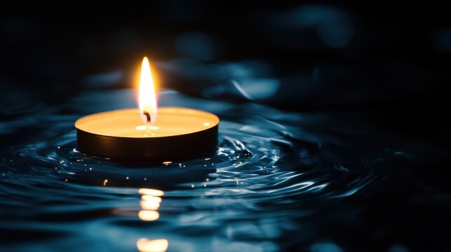 Peaceful floating candle illuminating dark waters with gentle reflections, creating a serene atmosphere and calming ambiance in tranquil setting