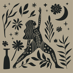 Vector illustration for International Yoga Day. Feminine figure in a flat style. Woman doing asana, surrounded by organic shapes. 