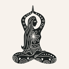 Vector illustration for International Yoga Day. Feminine figure in a flat style. Woman doing asana, surrounded by organic shapes. Black figure Isolated on white background