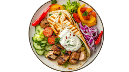 Authentic Turkish döner kebab wrap with fresh vegetables and garlic sauce, professionally styled, high-quality, white background