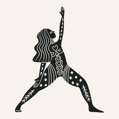 Vector illustration for International Yoga Day. Feminine figure in a flat style. Woman doing asana, surrounded by organic shapes. Black figure Isolated on white background