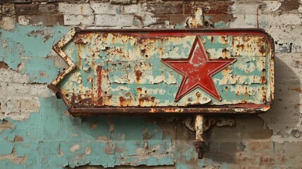 Naklejka premium Vintage directional sign with a star symbol showing severe wear and tear