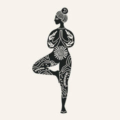Vector illustration for International Yoga Day. Feminine figure in a flat style. Woman doing asana, surrounded by organic shapes. Black figure Isolated on white background