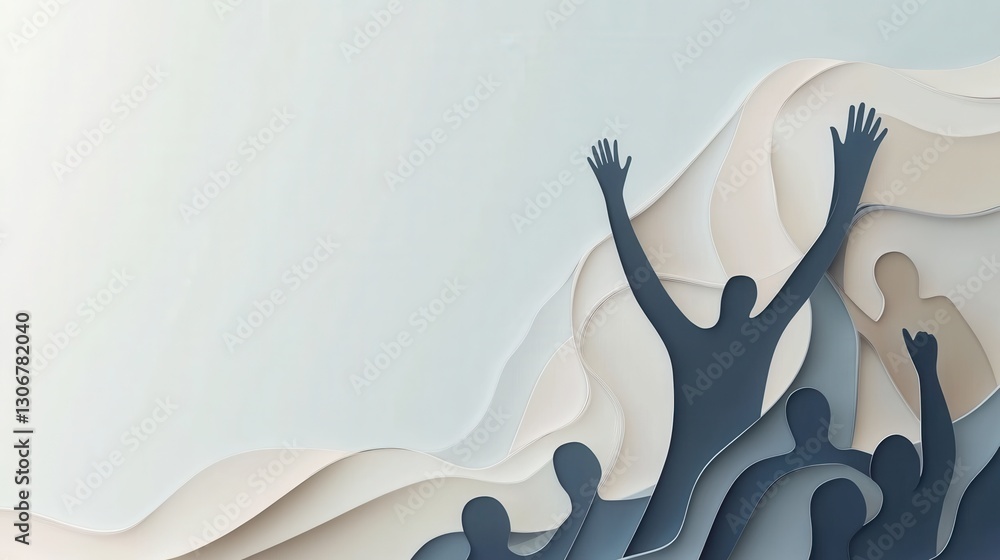 Poster Unity represented through silhouettes raising hands in minimalistic flat design paper art background Generative AI