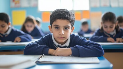 Focused Student in Classroom During Exam with Classmates Nearby