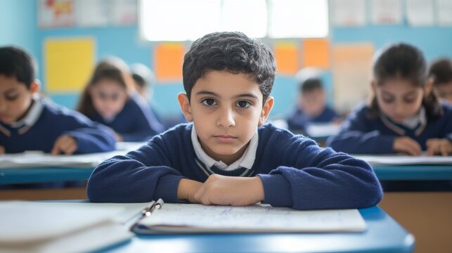Focused Student in Classroom During Exam with Classmates Nearby