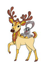 A handsome deer is riding a cheerful hare on his back