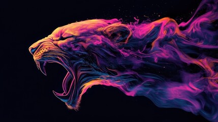 Fototapeta premium Fierce colorful lion head profile in smoke.