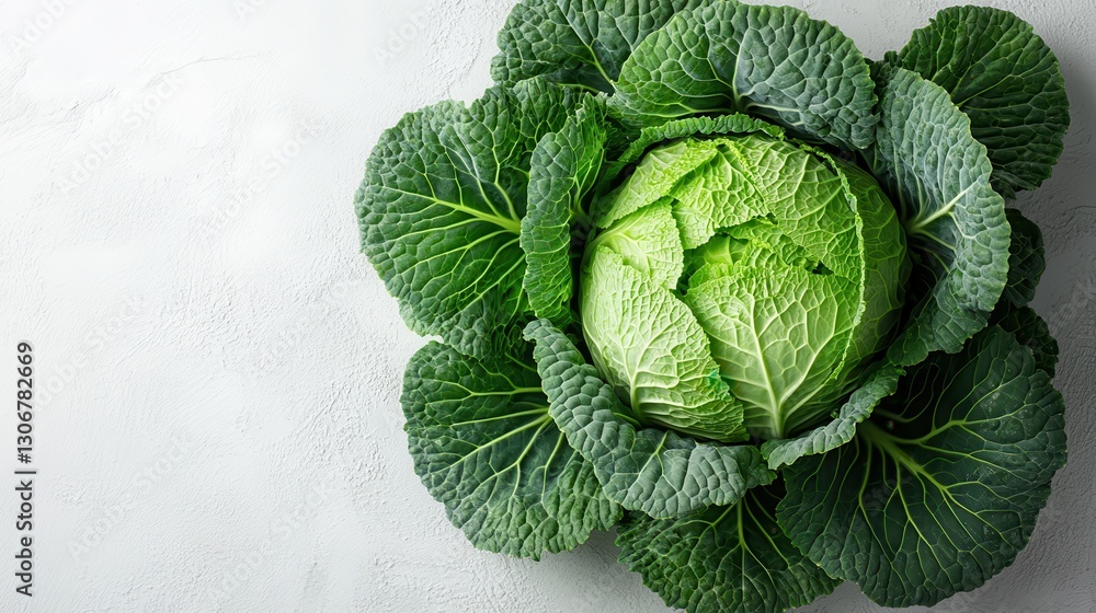 Poster fresh green cabbage isolated on white background close up top view