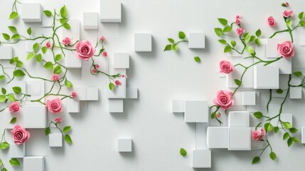 Pink roses climbing white cubes, minimalist background, floral wall art