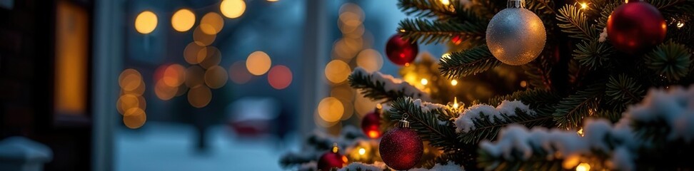 Decorated Christmas tree with colorful lights, festive atmosphere, ornaments