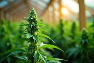Green cannabis plant growing in a wooden greenhouse, plant, growing, weed