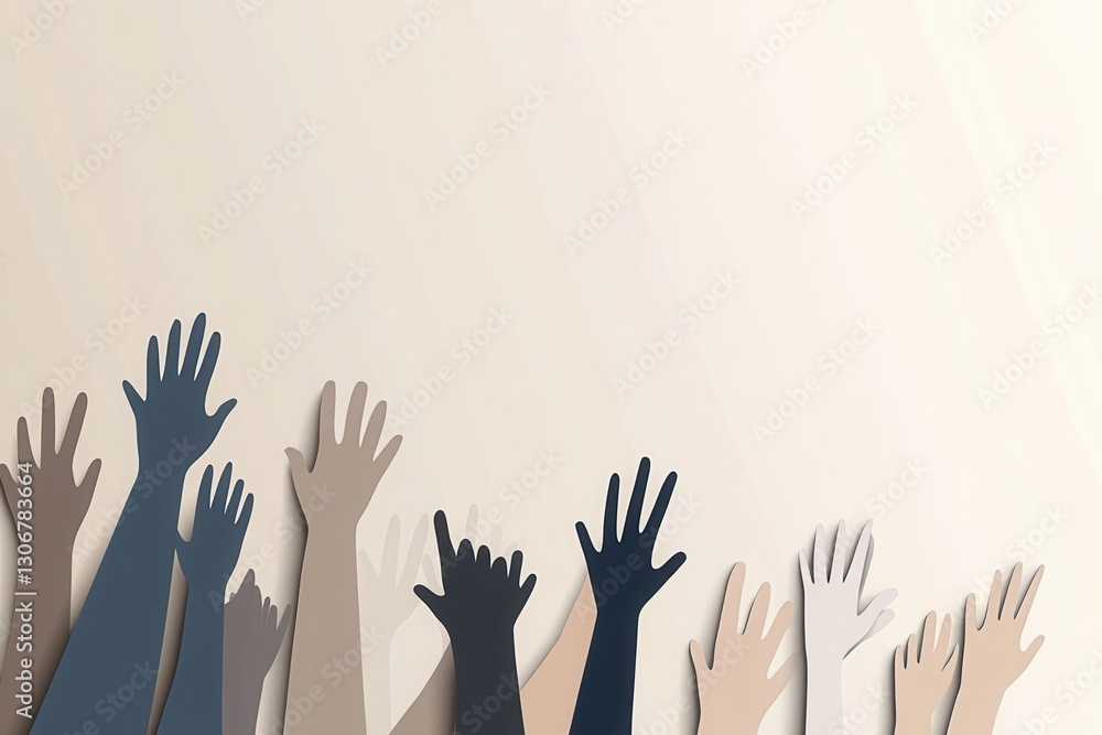 Poster unity and collaboration represented through stylized silhouettes of people raising hands in a minima