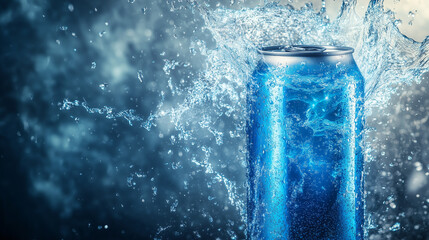 Energy drink can mockup exploding through electric blue liquid splashes-4