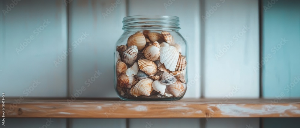 Poster jar filled with assorted seashells resting on a wooden shelf against a rustic background, showcasing