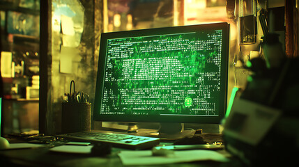 A glowing computer screen displaying an encrypted message in green text